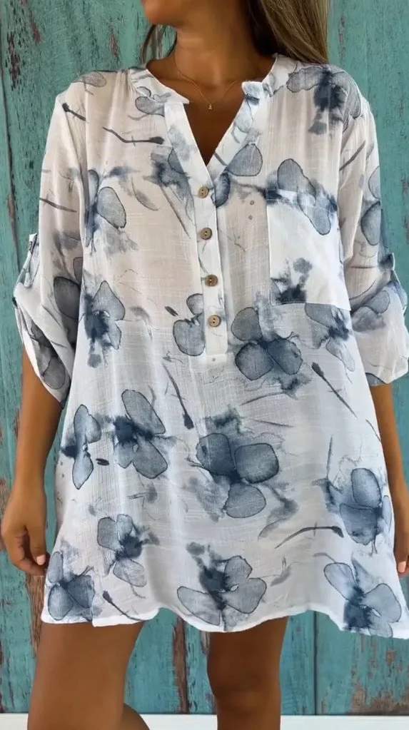 Women's Vintage  Floral Art Print Casual Cotton Shirt