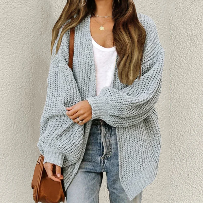 Lantern Sleeve Thick Pocket Knitted Sweater Cardigan