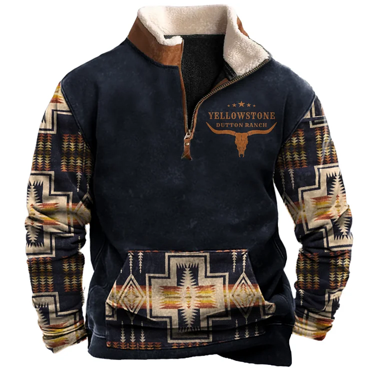 Men's Vintage Western Yellowstone Colorblock Zipper Stand Collar Sweatshirt 03c2