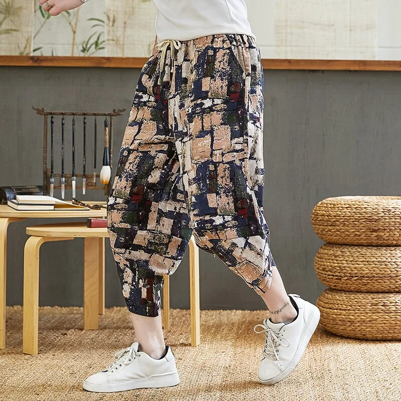 Baggy Cotton Harem Pants Men 2021 Summer Japanese Men Women Hip Hop Plus Size Wide Leg Pants Bloomers Calf-Length Pants Joggers