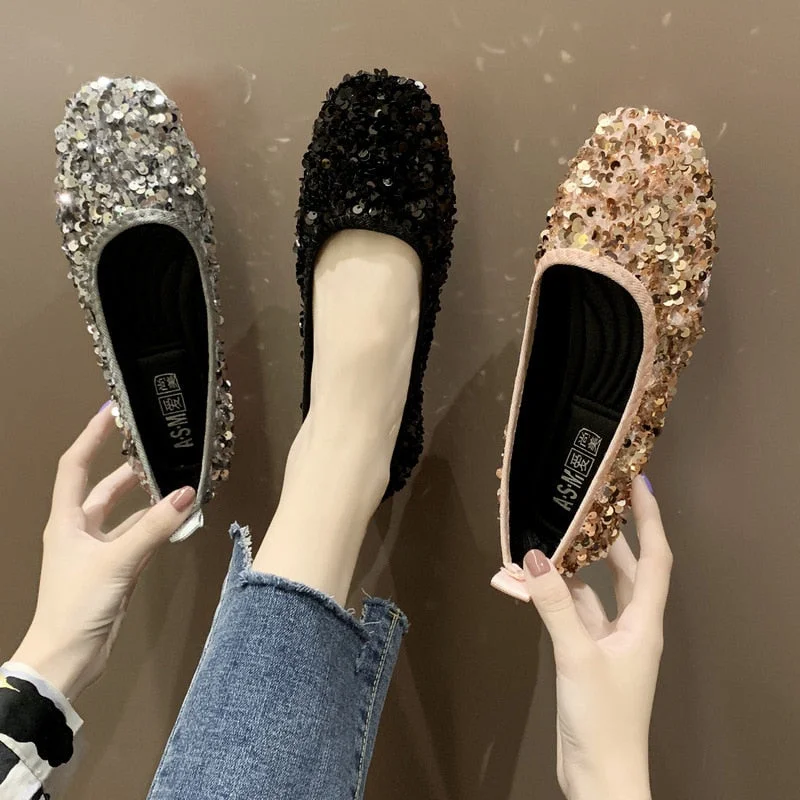 Women's shoes new spring and autumn shoes shallow mouth set of flat shoes women's bean shoes women's sequins single shoe woman