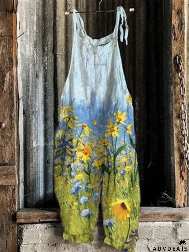 Square Neck All-Over Floral Print Sleeveless Sunflower Floral&nbsp;Overalls