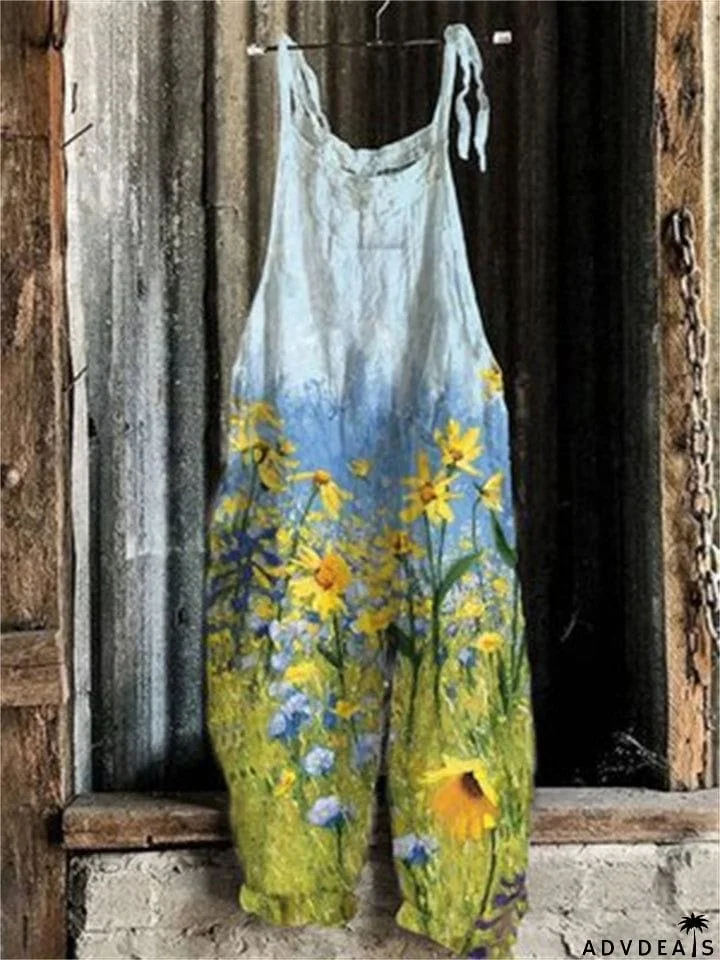 Square Neck All-Over Floral Print Sleeveless Sunflower Floral&nbsp;Overalls