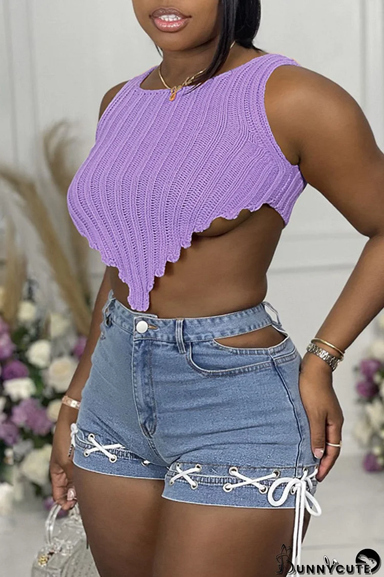 Purple Fashion Casual Solid Asymmetrical O Neck Tops