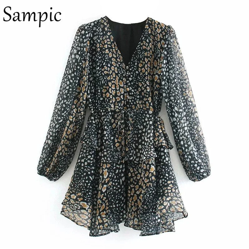 Sampic Sexy Women Chiffon Leopard Print Long Puff Sleeve Mini Party Dress Night Club Black Beige V Neck 2021 Summer Beach Dress