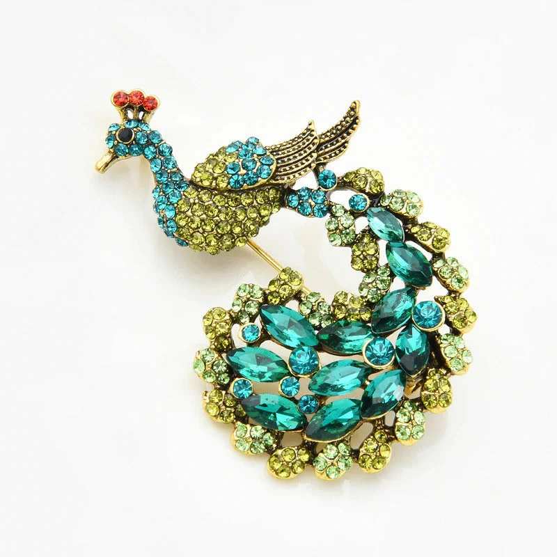 Sparkling Rhinestone Adorned Peacock Brooch Pins
