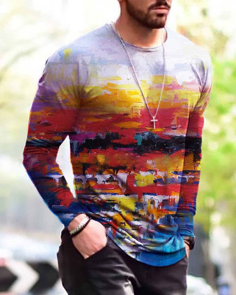 men's landscape oil painting printing long-sleeved T-shirt