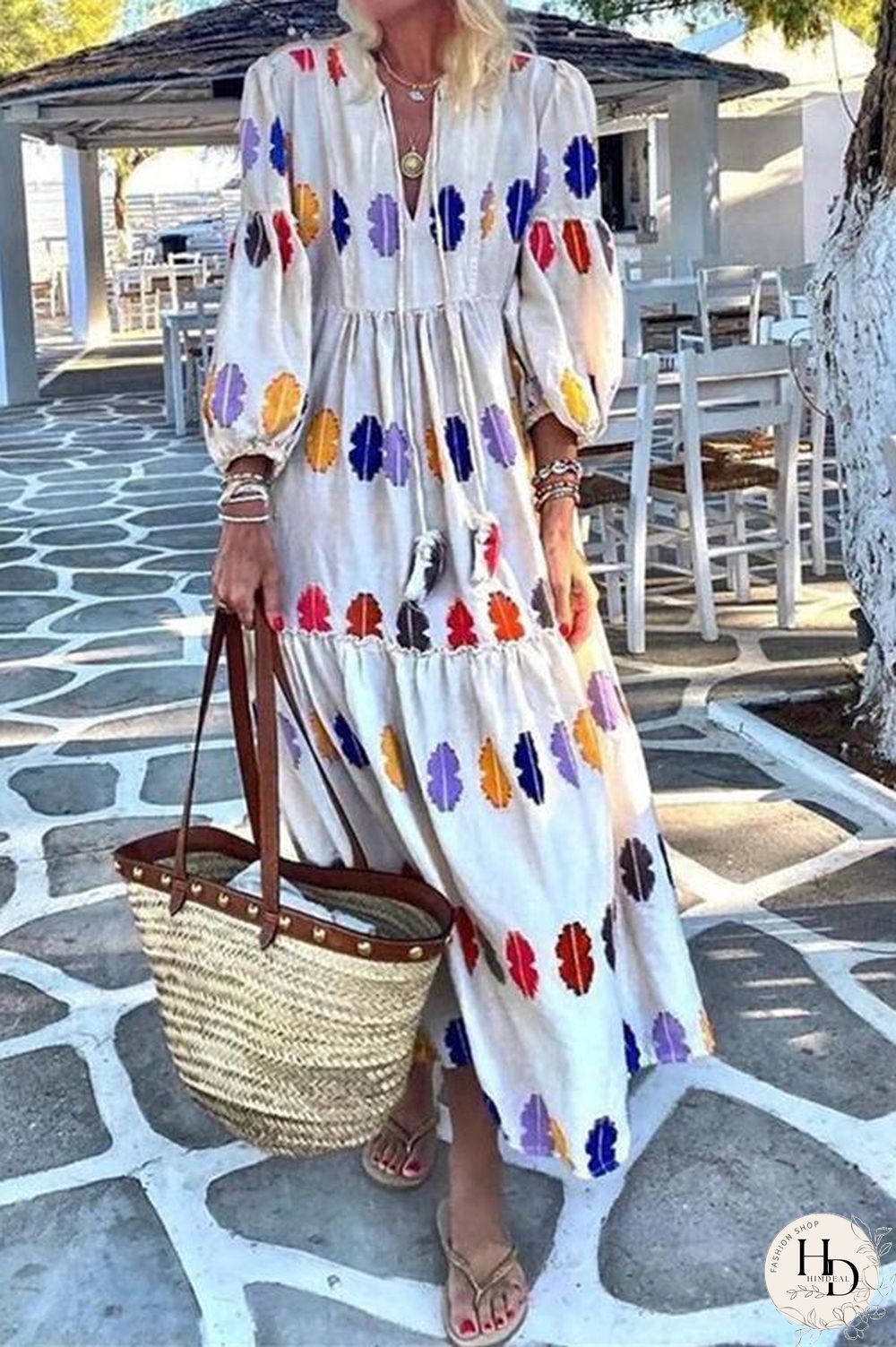 Vacation V-neck Print Maxi Dress P16154