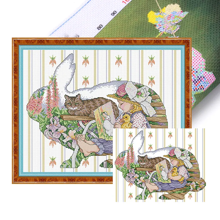 【Joy Sunday Brand】Bunny Fairy Tale - Girl And Cat&nbsp;(48*38cm)&nbsp;14CT&nbsp;Stamped Cross Stitch gbfke