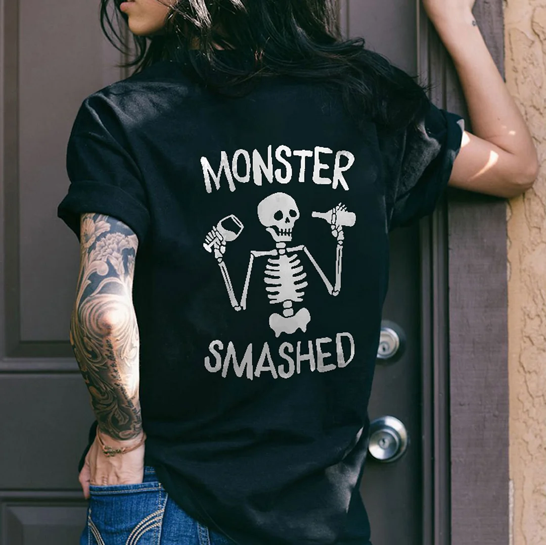 MONSTER SMASHED Drinking Skull Graphic  Black Print T-shirt