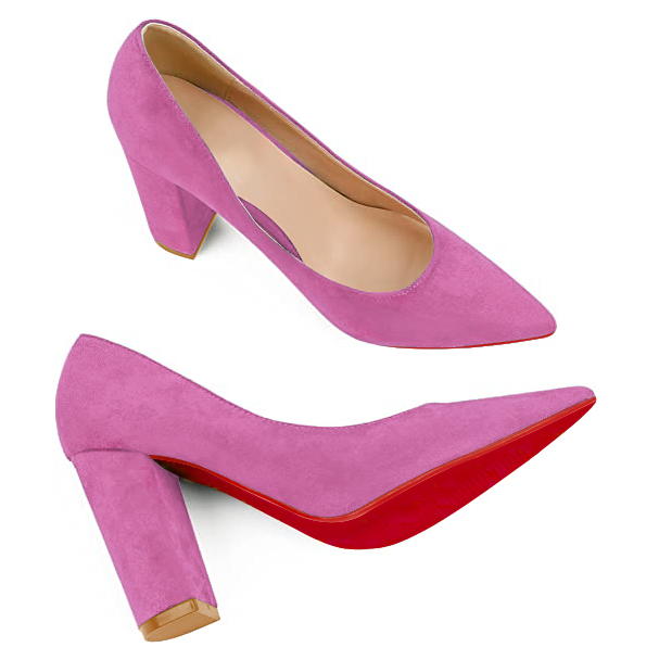 3.5" Women's Chunky Heels Red Bottom Shoes Comfortable Middle Block Heel Suede Pumps-MERUMOTE