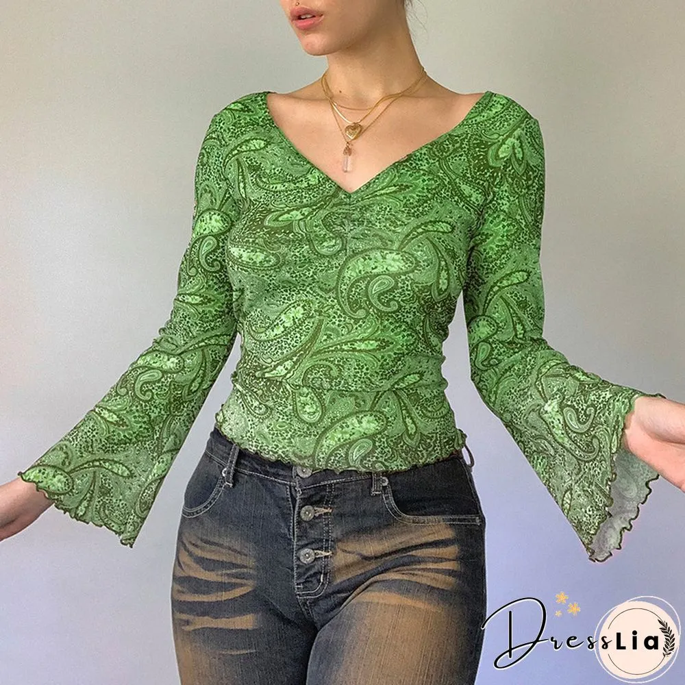 Print Top Retro Y2k Grunge Fairycore Neck Shirt Flared Long Sleeve Pullovers Women Autumn