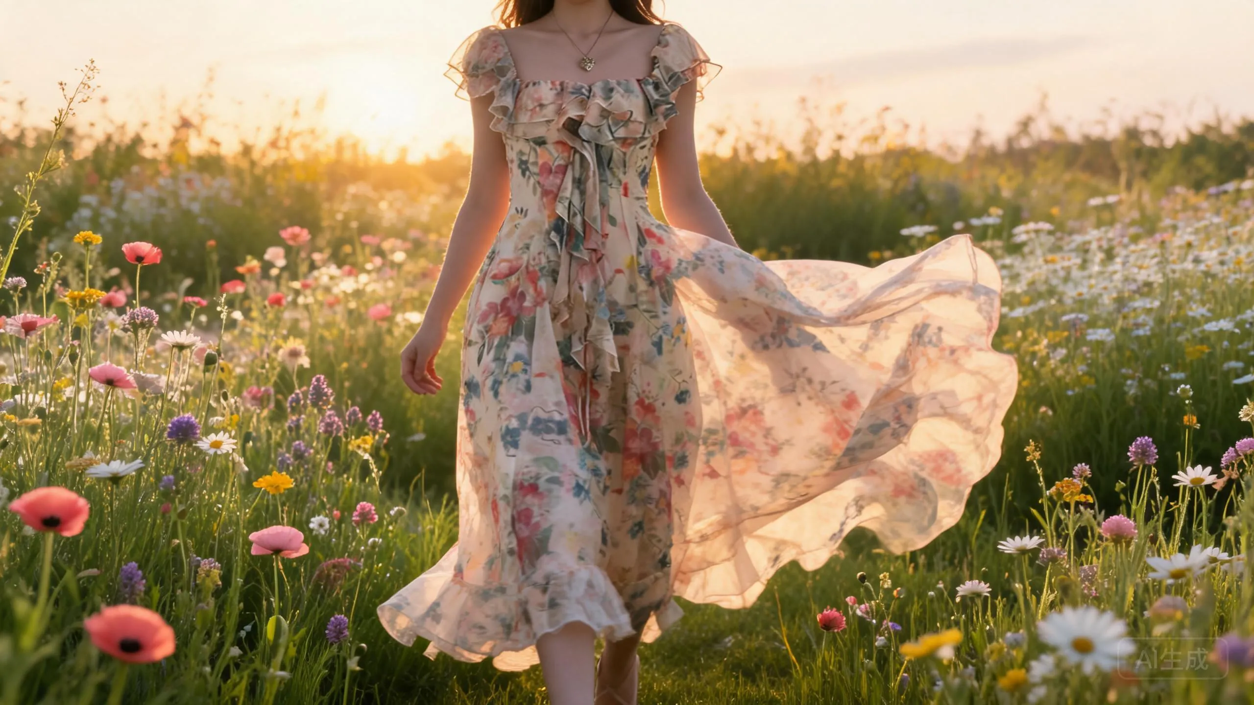 Full length styling of cream watercolor floral chiffon maxi gown outdoors