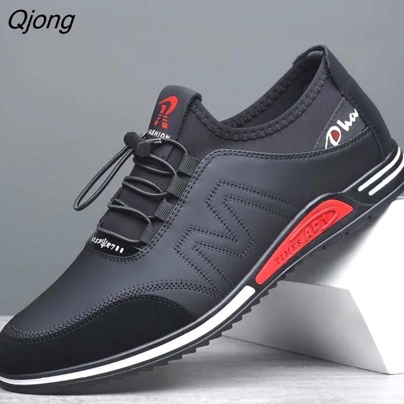 Qjong Men Leather Comfy Slip Increased Heel 6CM Footwear Mens Casual Shoes Male Office Business Dress Outdoor Sport Sneakers