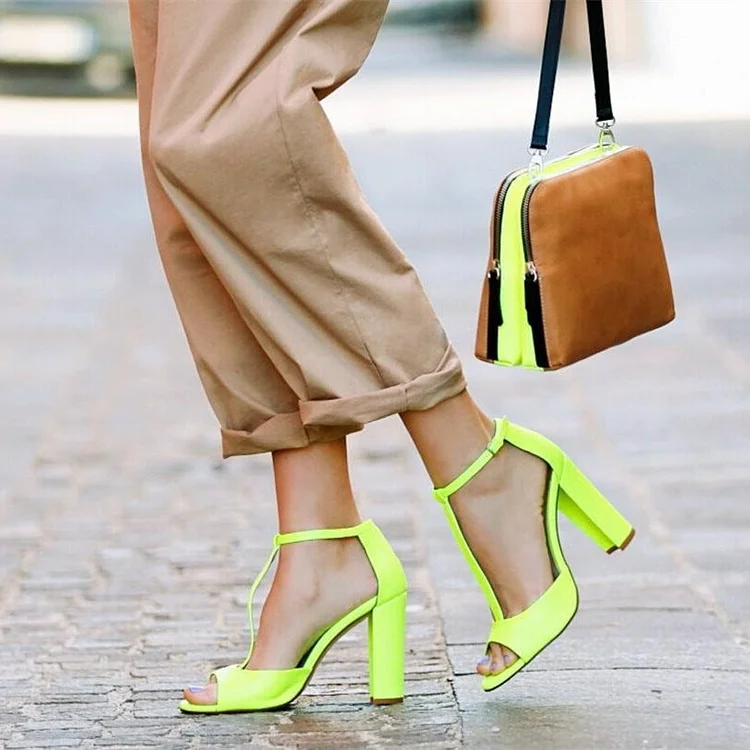 Neon Green T Strap Sandals Open Toe Chunky Heel Sandals |FSJ Shoes