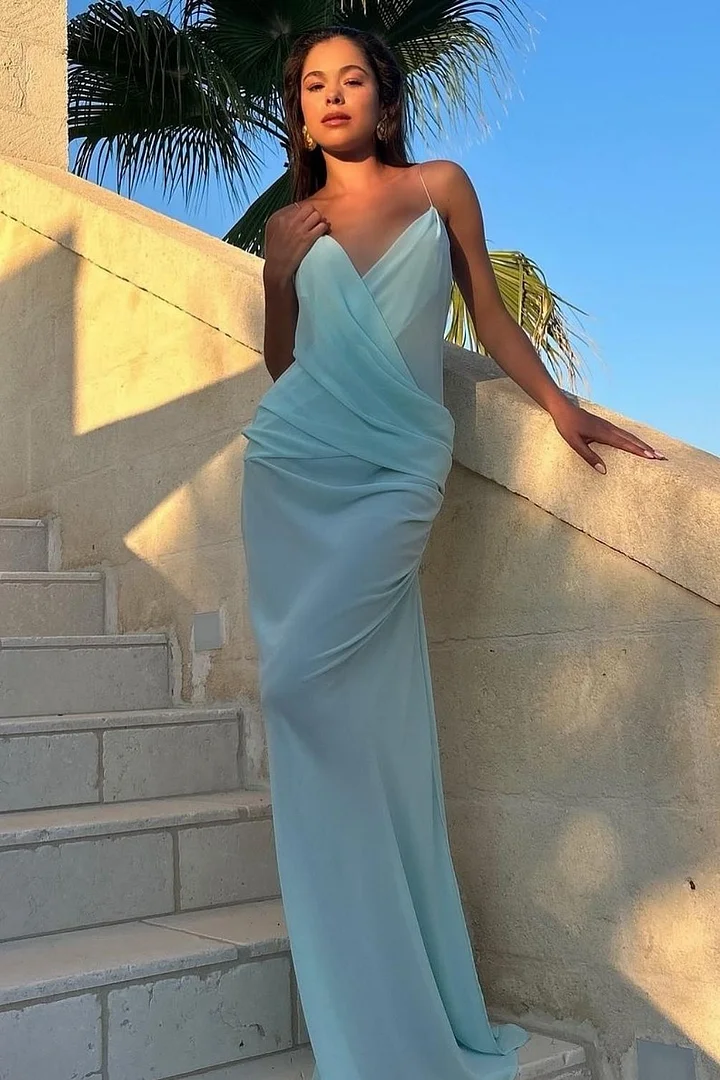 Lvs&Broner Spaghetti Strap Sleeveless V Neck Long Prom Dress With Pleated