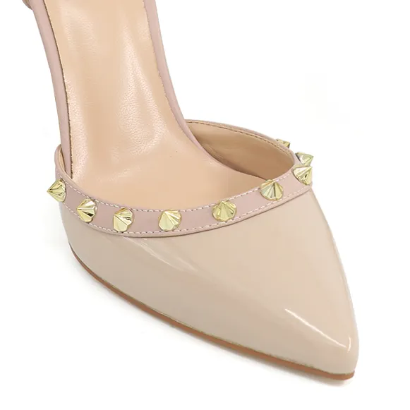 100mm Womens Pointed Toe Pumps Golden Point Rivets Ankle Strap Sandals-vocosishoes