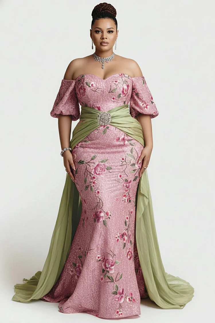 Xpluswear Design Plus Size Formal Organza Pink Floral Off The Shoulder Short Sleeve With&nbsp;Skirt&nbsp;Overlay Satin Maxi Dresses [Pre-Order] 2024 - Xpluswear