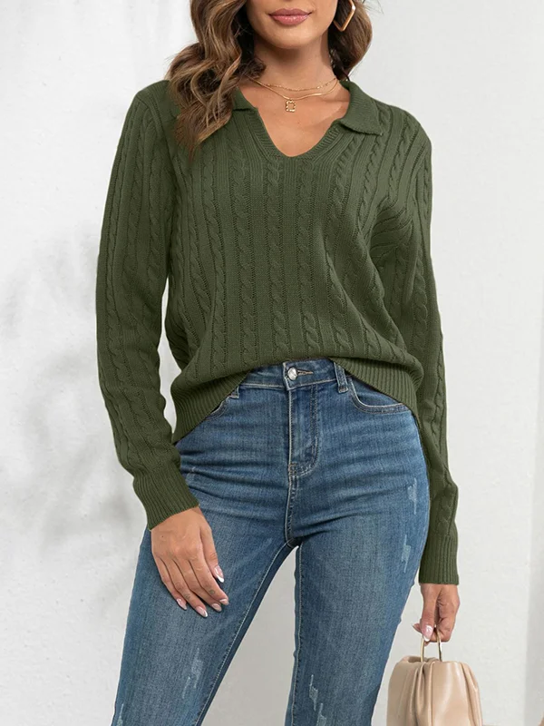 Split-Joint Solid Color Loose Long Sleeves V-Neck Sweater Tops