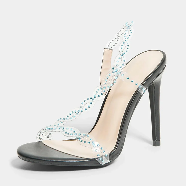 Black Open Toe transparent Sandal Women'S Elegant Stiletto Heel Party Rhinestones Slingback Shoes |FSJ Shoes