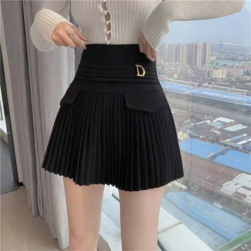 HOUZHOU Black Pleated Skirt Women Elegant High Waist A-Line Mini Skirts Metal Letter Korean Fashion Sexy Casual Streetwear