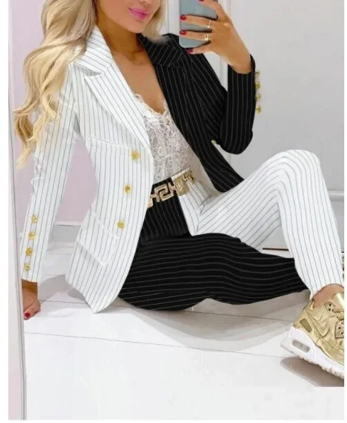 Nigikala Stripe Print Suit Coat Pants Set Office Lady Fashion Elegant Long Sleeve Top Trousers Two Piece Set Women Outfit 2023