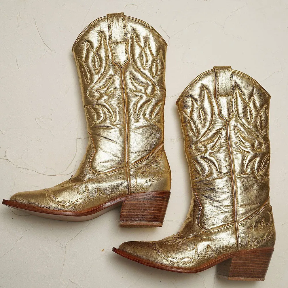Gold Stacked Heel Closed Toe Stitching Western Boots for Women
