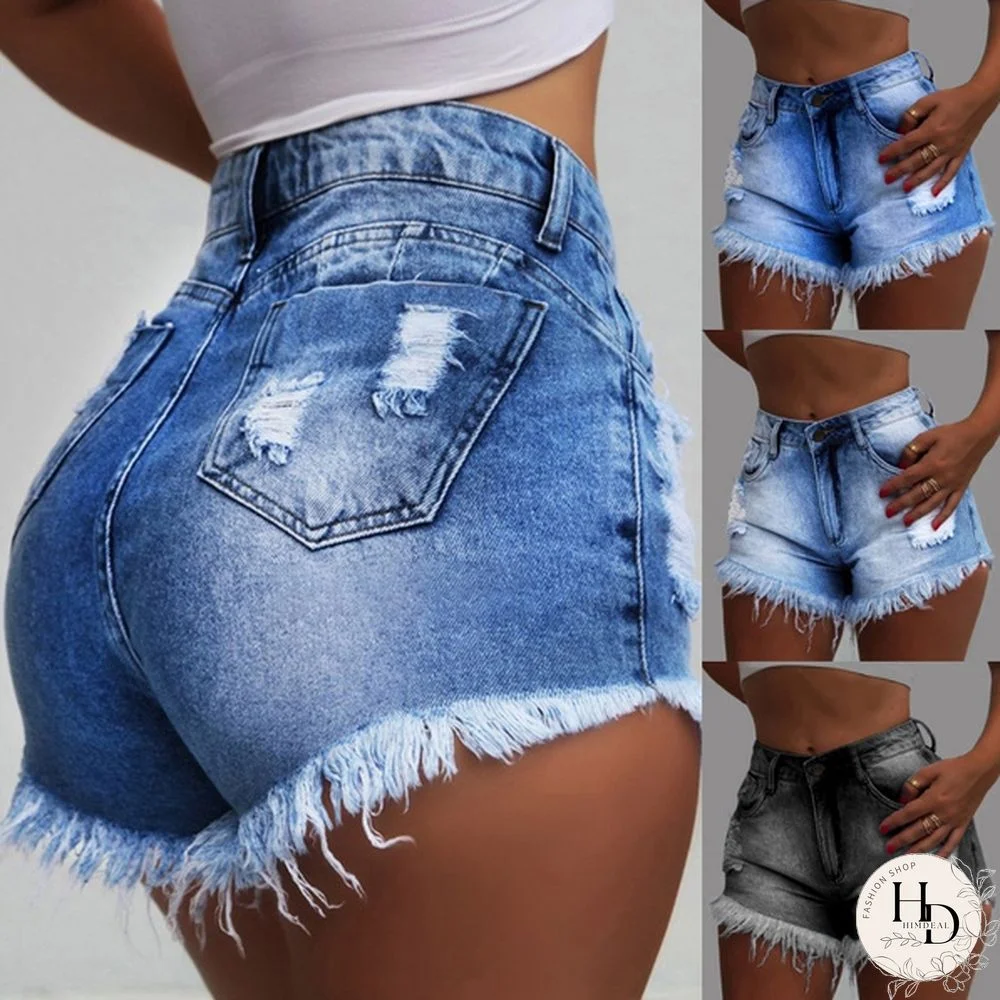 Womens Fashion Washed Frayed Denim Jean Shorts Summer Hot Pants High Waisted Shorts Jeans Feminino