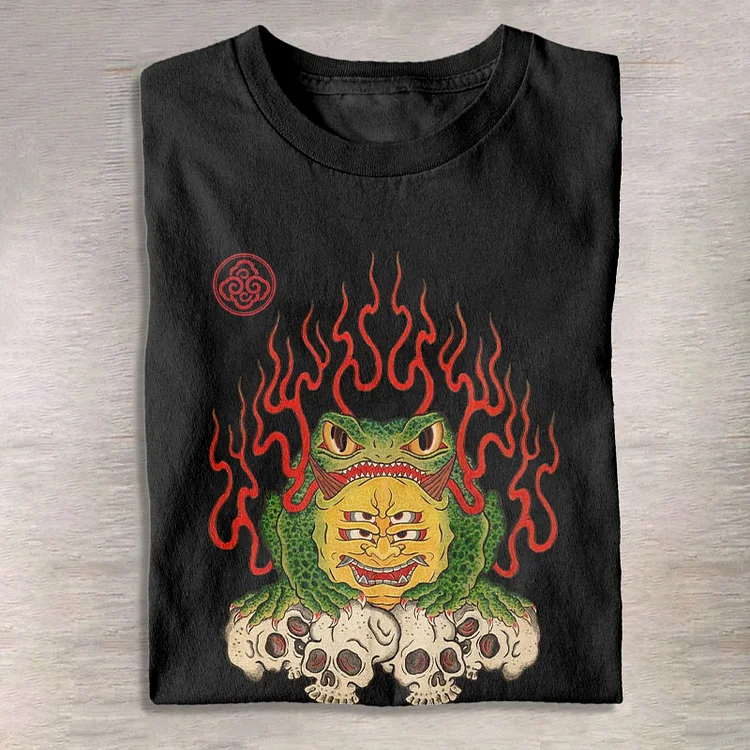 Fire-breathing Frog Standing On Skull Japanese Style Print T-shirt