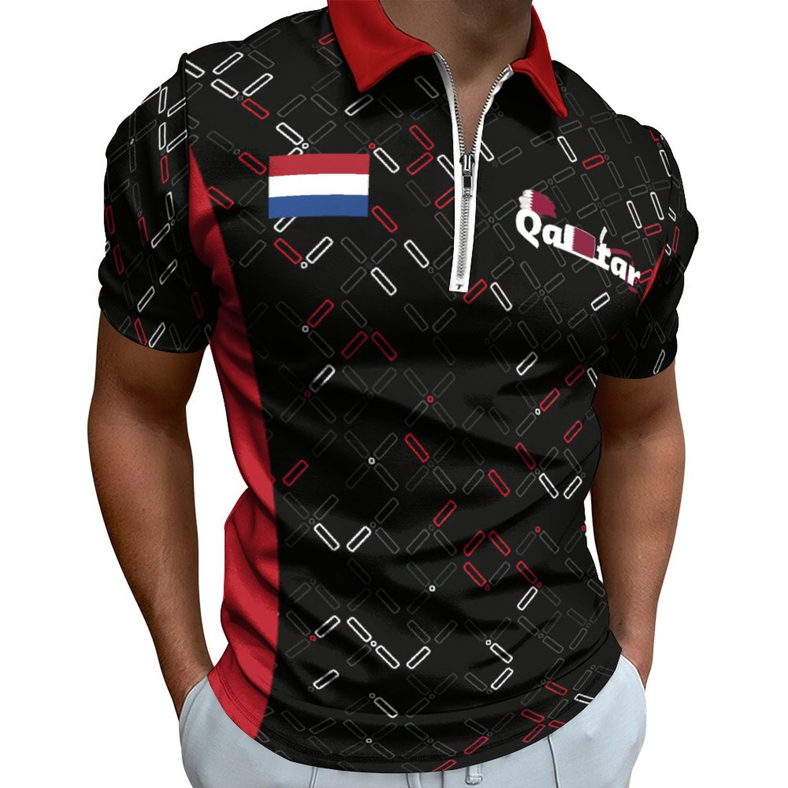 Geometric Netherlands FIFA 2022 World Cup Men's Slim Fit Zip Polo Shirts