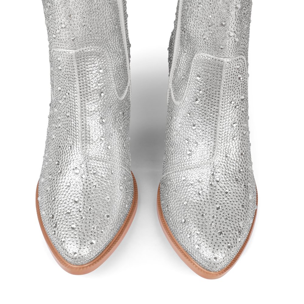 60mm Women's  Boots Ankle High Medium Heel Chunky Heel Diamond Studded Fashion Pull On Boot-MERUMOTE