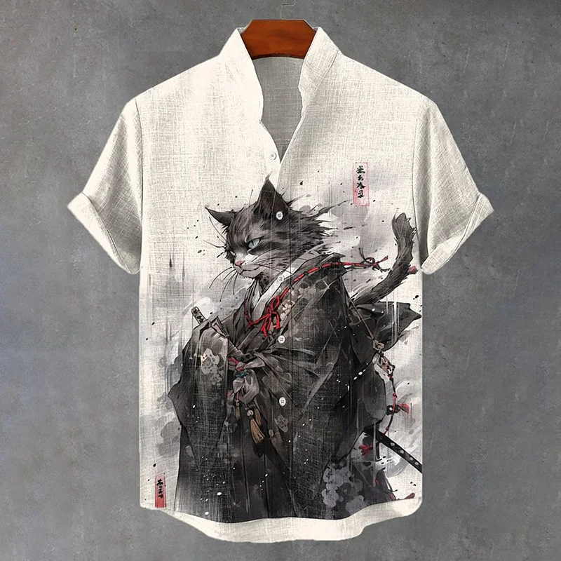 Japan Cat Kimono Samurai Ink Art Linen Blend Cozy Shirt