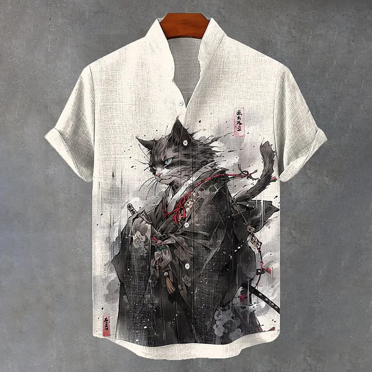Comstylish Japan Cat Kimono Samurai Ink Art Linen Blend Cozy Shirt