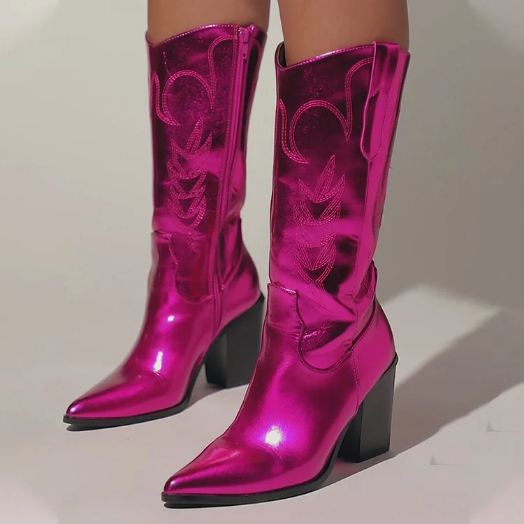 Hot Pink Metallic Pointed Toe Chunky Heel Western Boots for Women |FSJ Shoes