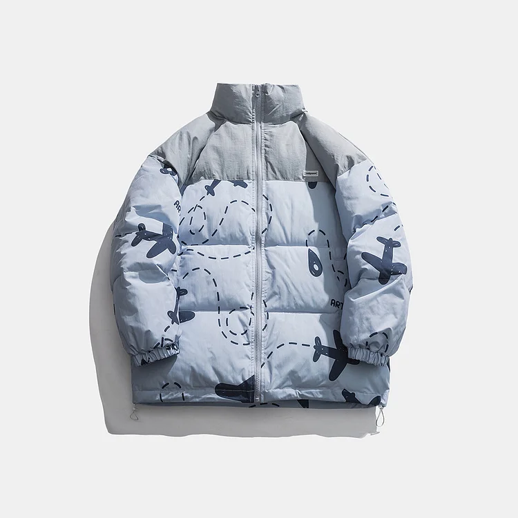 Man Fall Winter Outfis Winter Airplane Cartoon Print Stand-up Collar Cotton-Padded Coat Casual Top