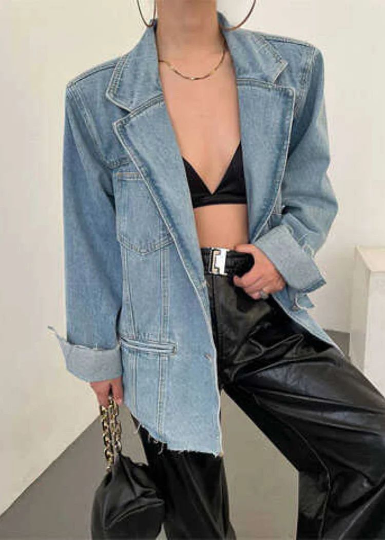 Loose Blue Pockets Notched Denim Coats Spring