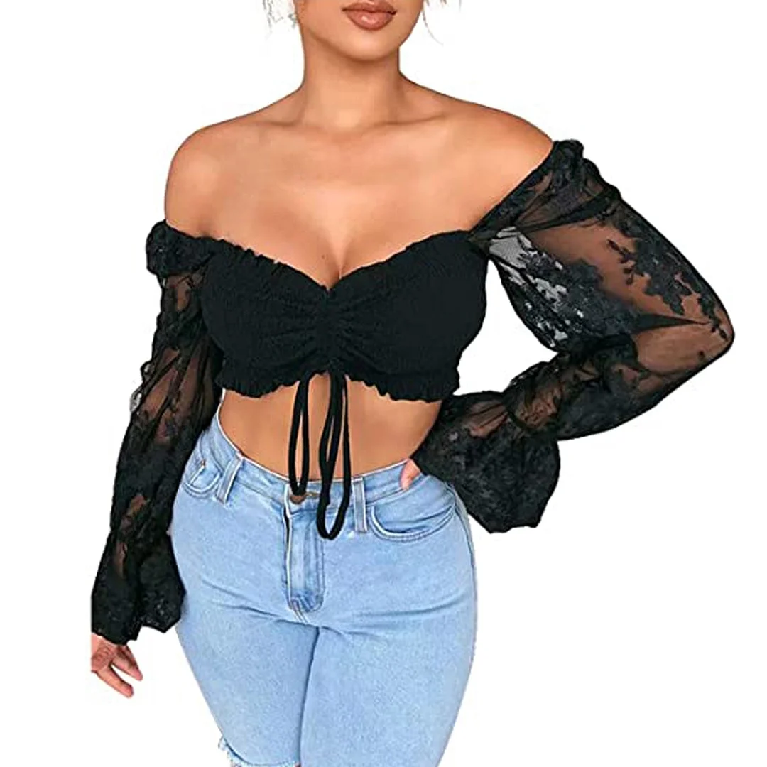 wsevypo Floral Embroidery Cropped Tops Women Lace Long Sleeve Off-shoulder Blouses Drawstring Front Strapless Tops Solid Color