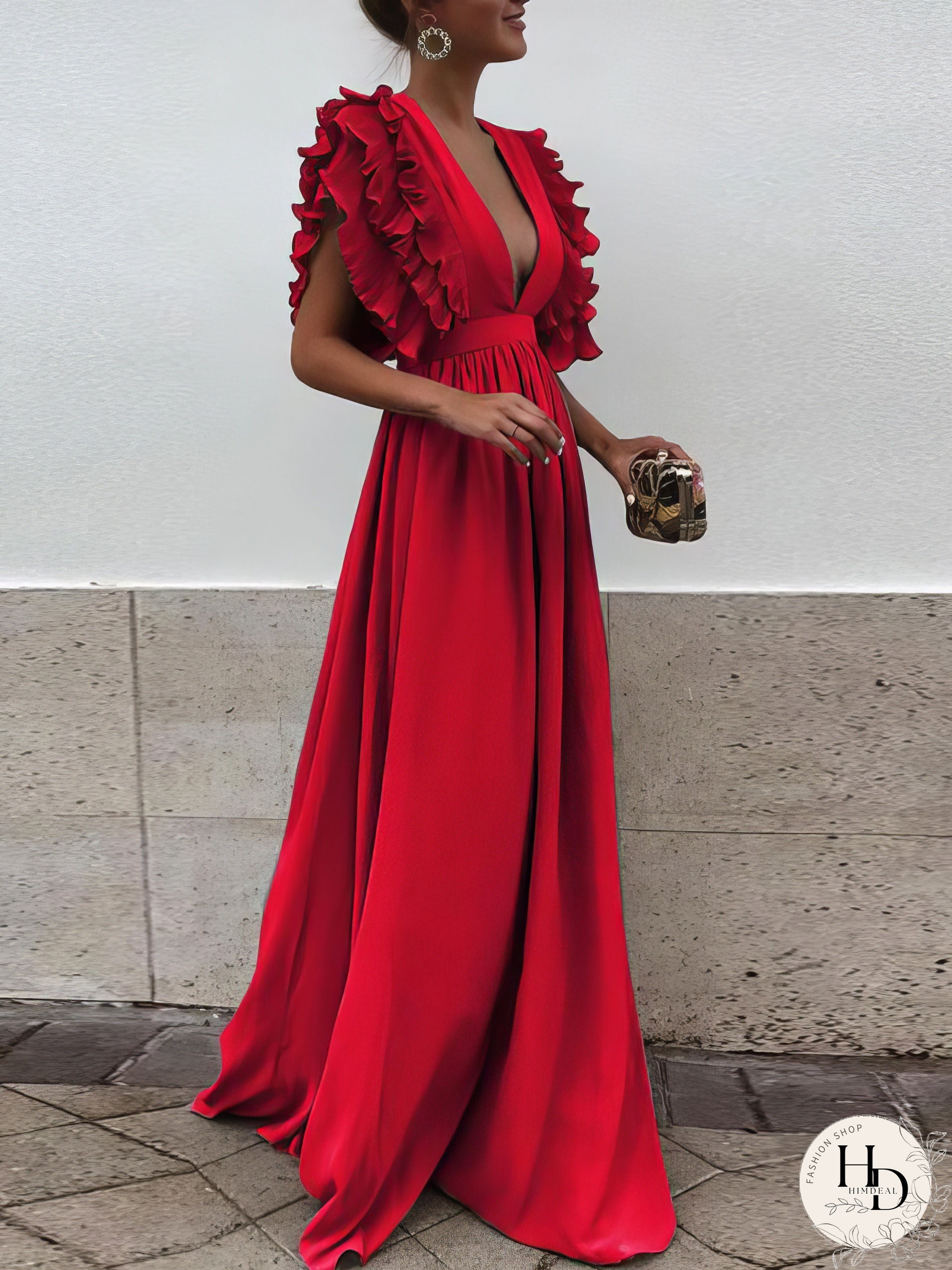 Copy of Flying Sleeves V-neck Open Back Solid Long Flowy Dress