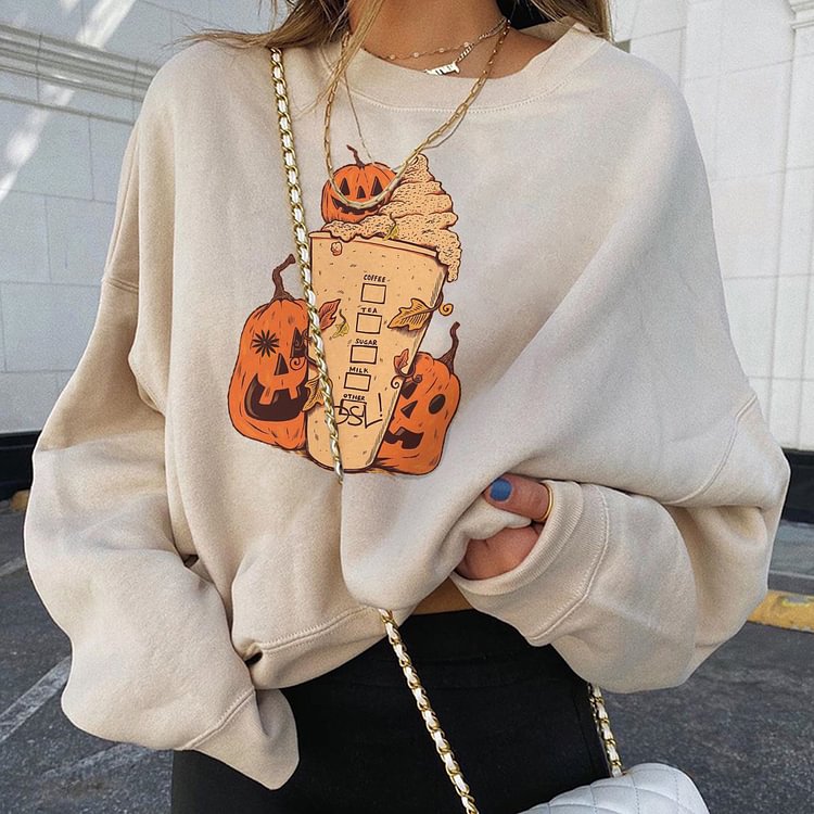 Pumpkin milk tea cup print loose sweatshirt