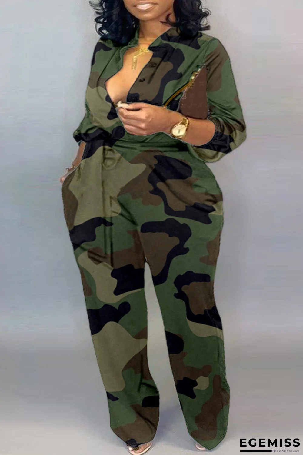 Camouflage Casual Camouflage Print Patchwork Turndown Collar Plus Size Jumpsuits | EGEMISS