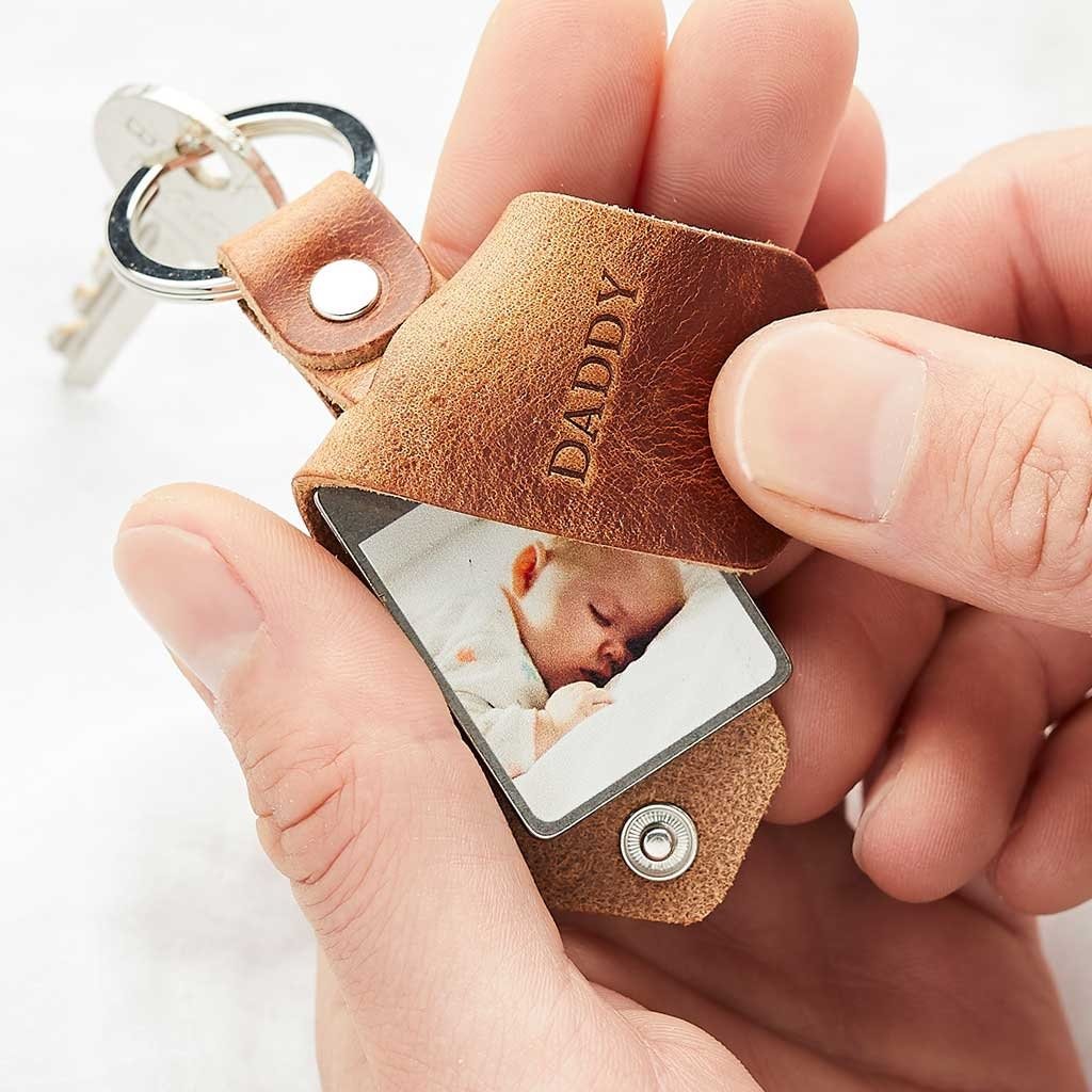 Father's Day Keepsake-Personalised Photo Keyring in Leather Case + Initials