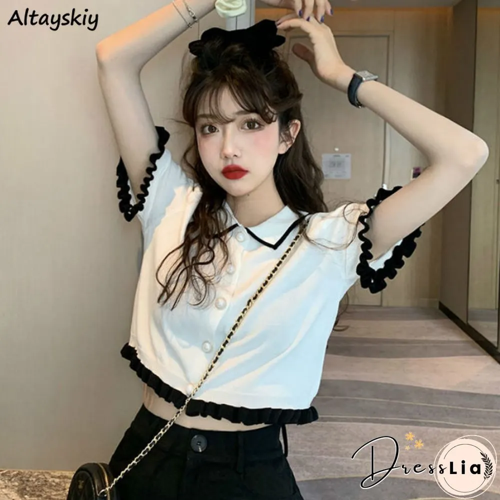 T-Shirt Women Retro Patchwork Lovely New Knitting Cropped Preppy Stylish Hot Sale Cozy