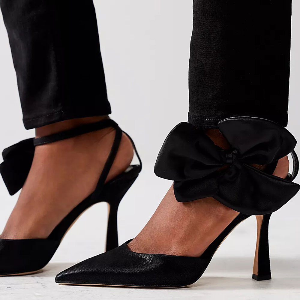 Black Satin Closed Toe 3'' Stiletto Heel Floral Ankle Strap Pumps Nicepairs
