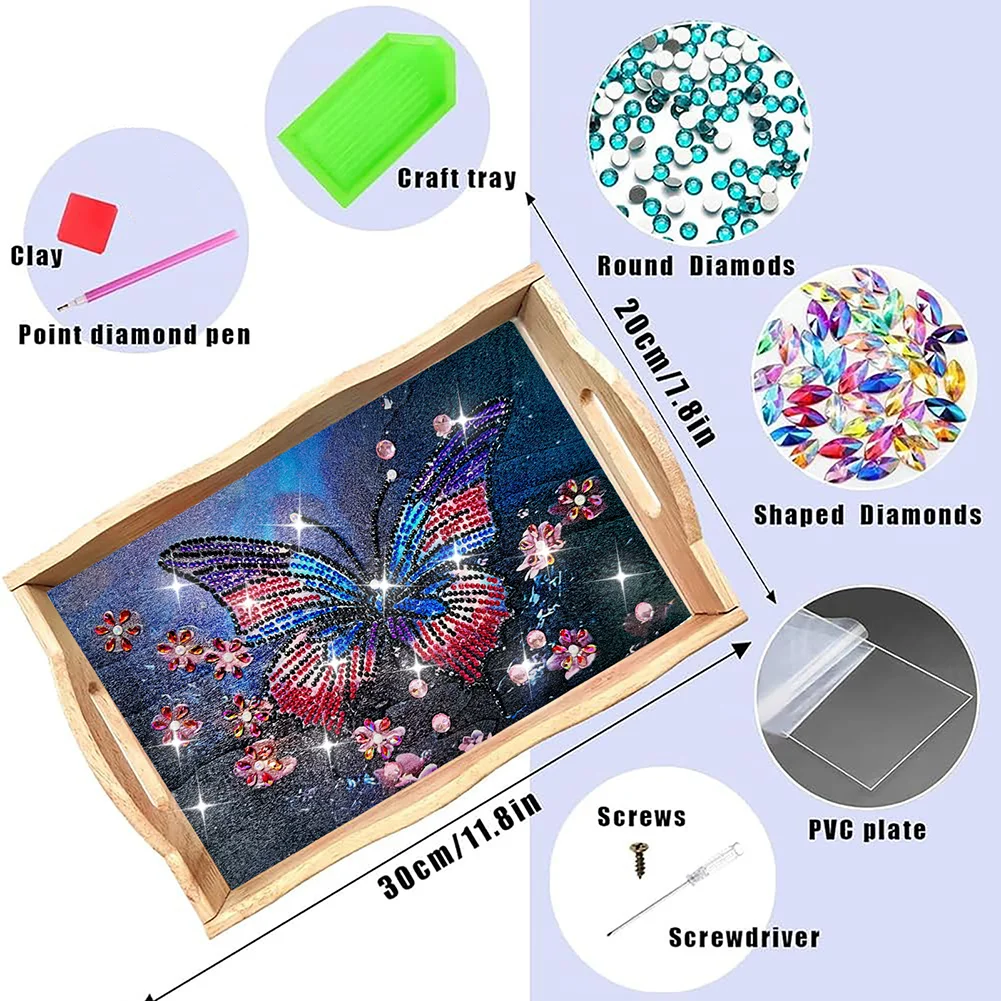 DIY Butterfly Wooden 5D Diamond Painting Tray Art Craft with Handles for Home Decor