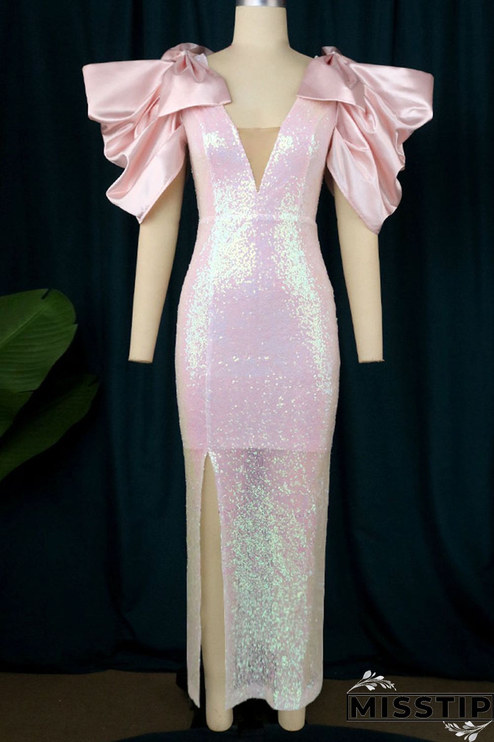 Pink Celebrities Elegant Solid Patchwork With Bow V Neck Evening Dress Dresses