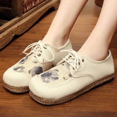 Ink Wash Painting Womens Linen Cotton Sneakers Comfortable Low Top Lace up Flat Shoes Ladies Breathable Walking Flats