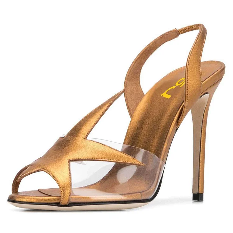 Gold transparent PVC Slingback Heels Sandals |FSJ Shoes