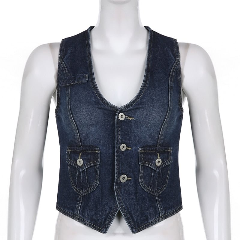 Rapcopter Y2K Pockets Jeans Corset Top Button V Neck Cargo Retro Sweats Tank Tops Women Streetwear Aesthetic Vest Summer 90s Tee