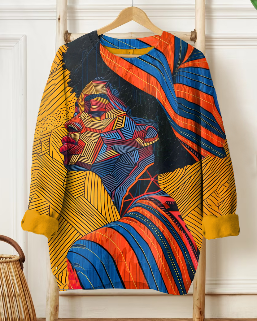 Fashion Geometric Striped Afro Woman Print Long Sleeve Sweatshirt