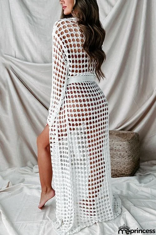 Knitted Pierced Solid Color Beach Coat